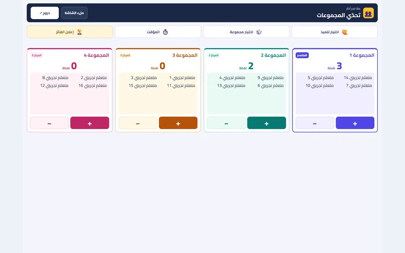 شاشة المجموعات والنقاط بأسماء تجريبية